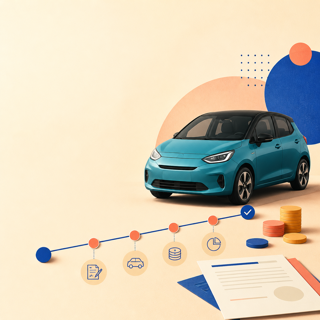 Ilustración educativa de un auto, documentos y conceptos de financiación, sin marcas.
